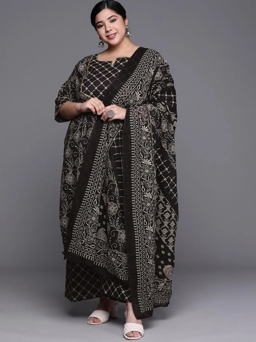 Plus Size Black Yoke Design Cotton Suit Set - Libas