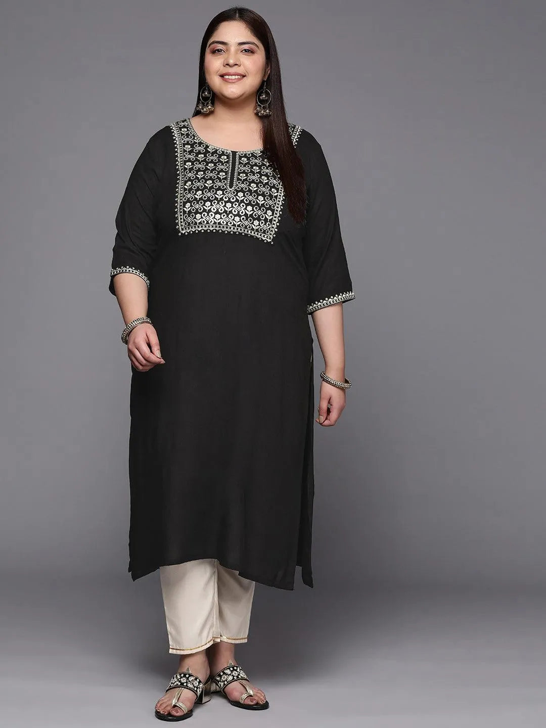 Plus Size Black Yoke Design Rayon Straight Kurta - Libas 