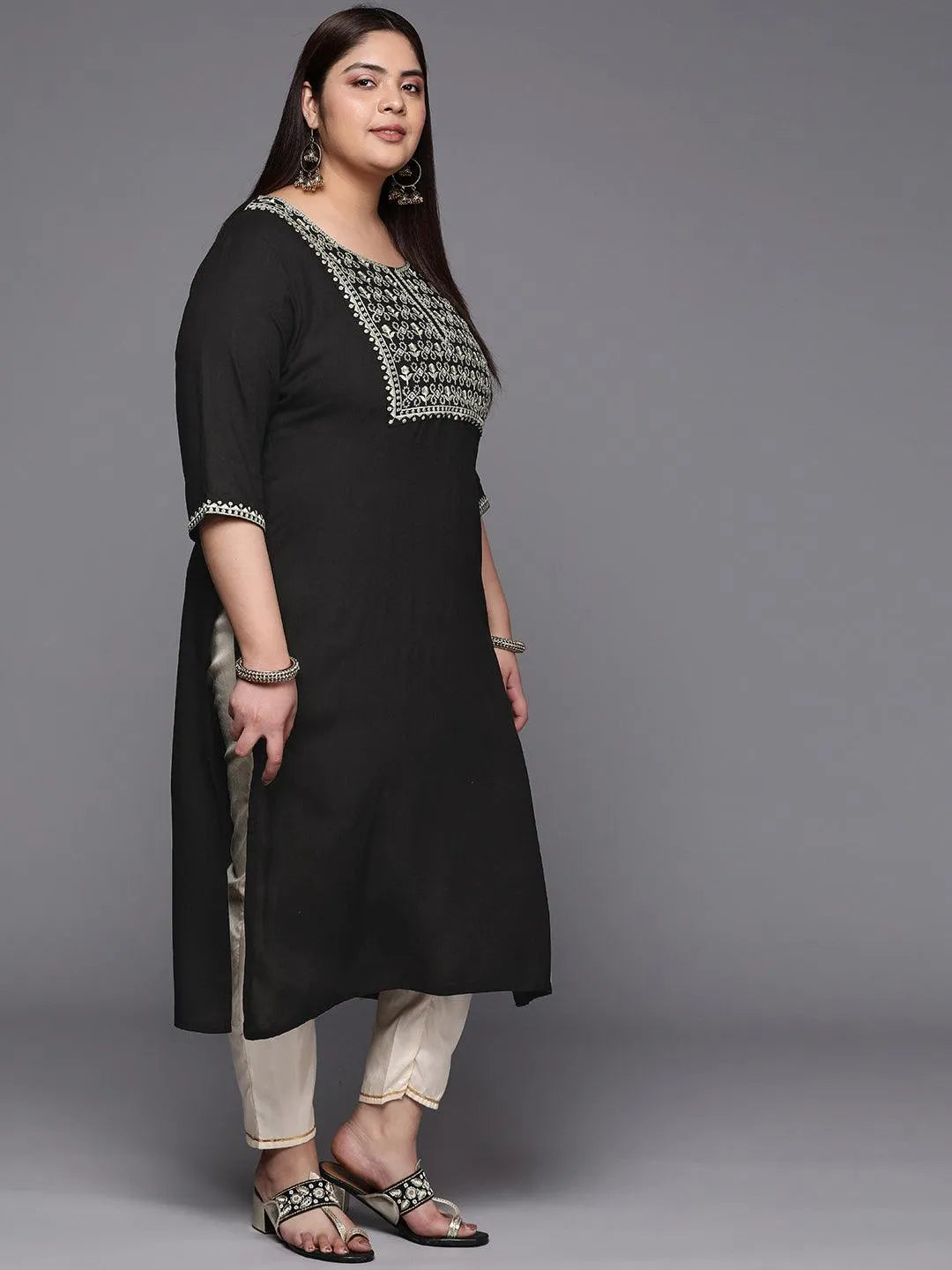 Plus Size Black Yoke Design Rayon Straight Kurta - Libas 