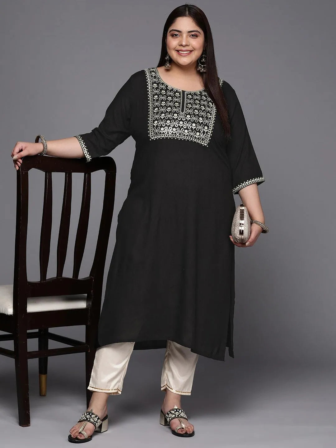 Plus Size Black Yoke Design Rayon Straight Kurta - Libas 