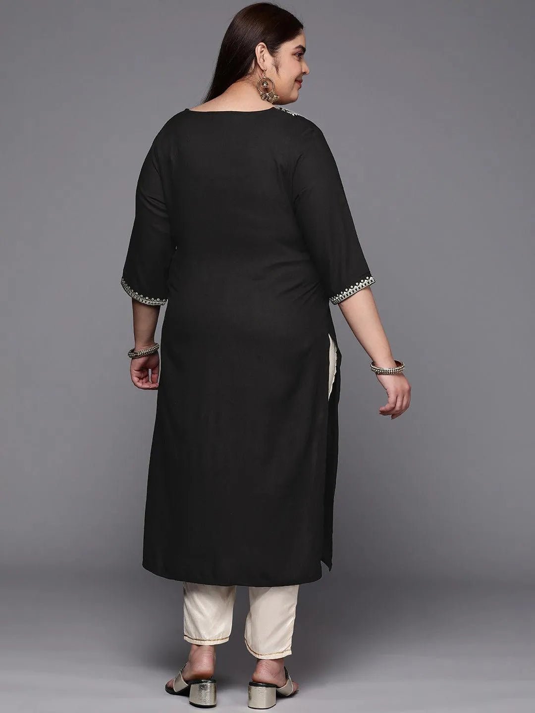 Plus Size Black Yoke Design Rayon Straight Kurta - Libas