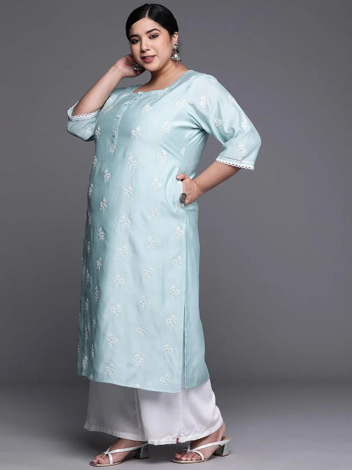 Plus Size Blue Embroidered Chanderi Silk Kurta - Libas