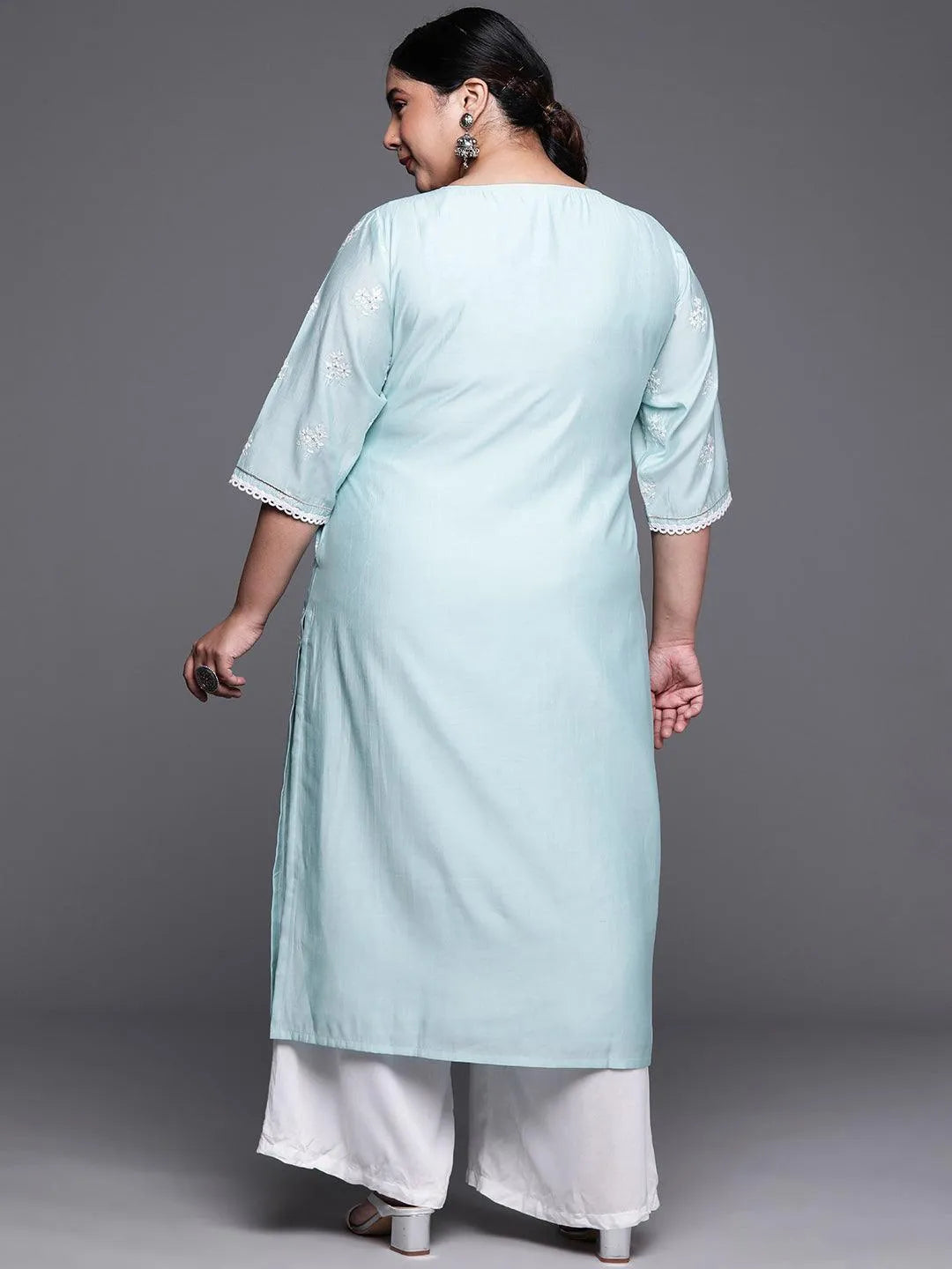 Plus Size Blue Embroidered Chanderi Silk Kurta - Libas