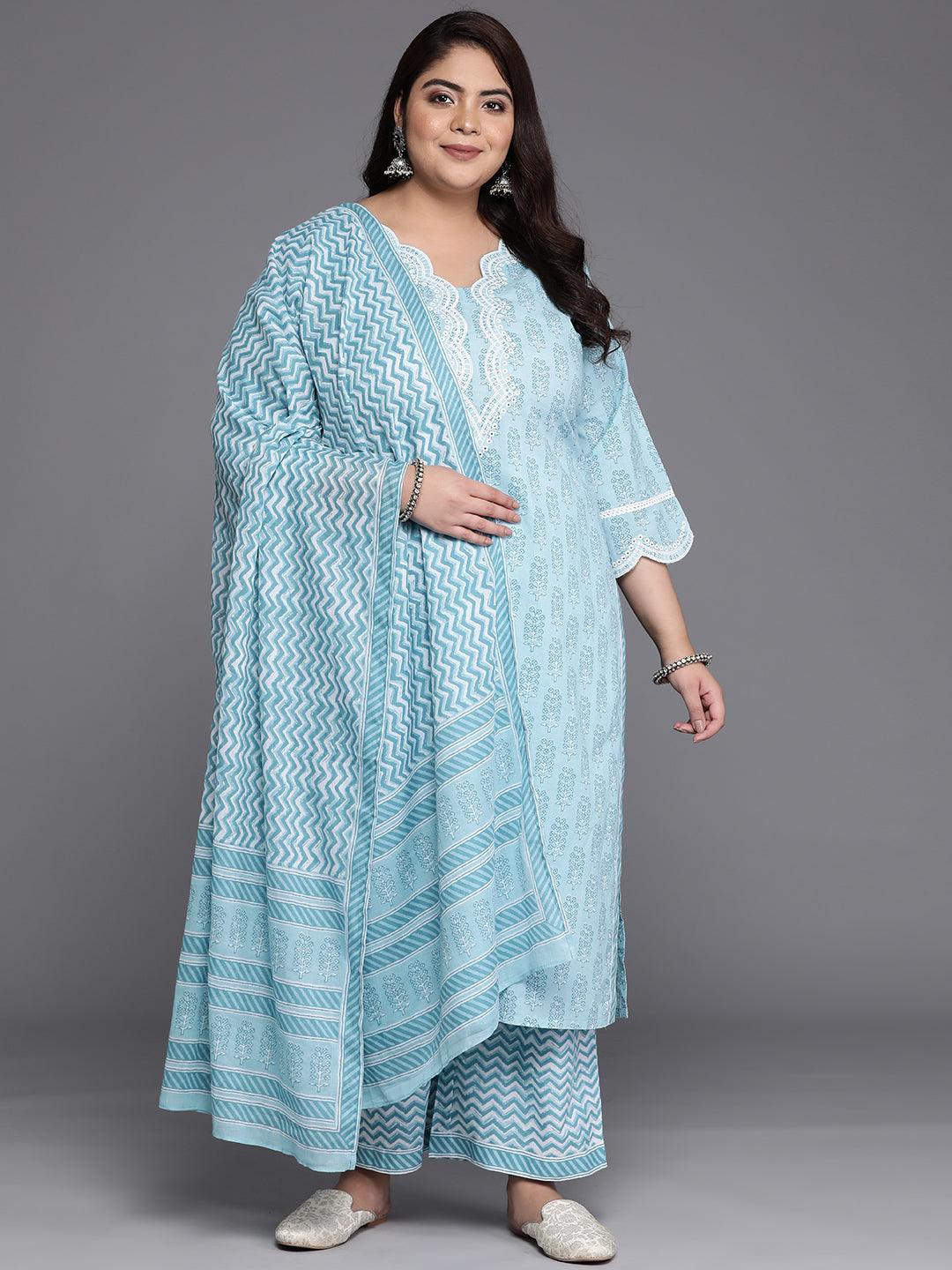 Plus Size Blue Embroidered Cotton Straight Suit Set - Libas