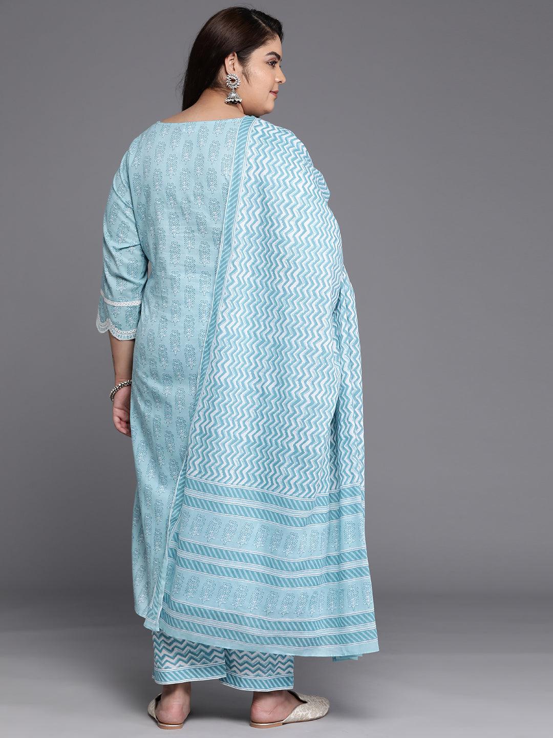 Plus Size Blue Embroidered Cotton Straight Suit Set - Libas