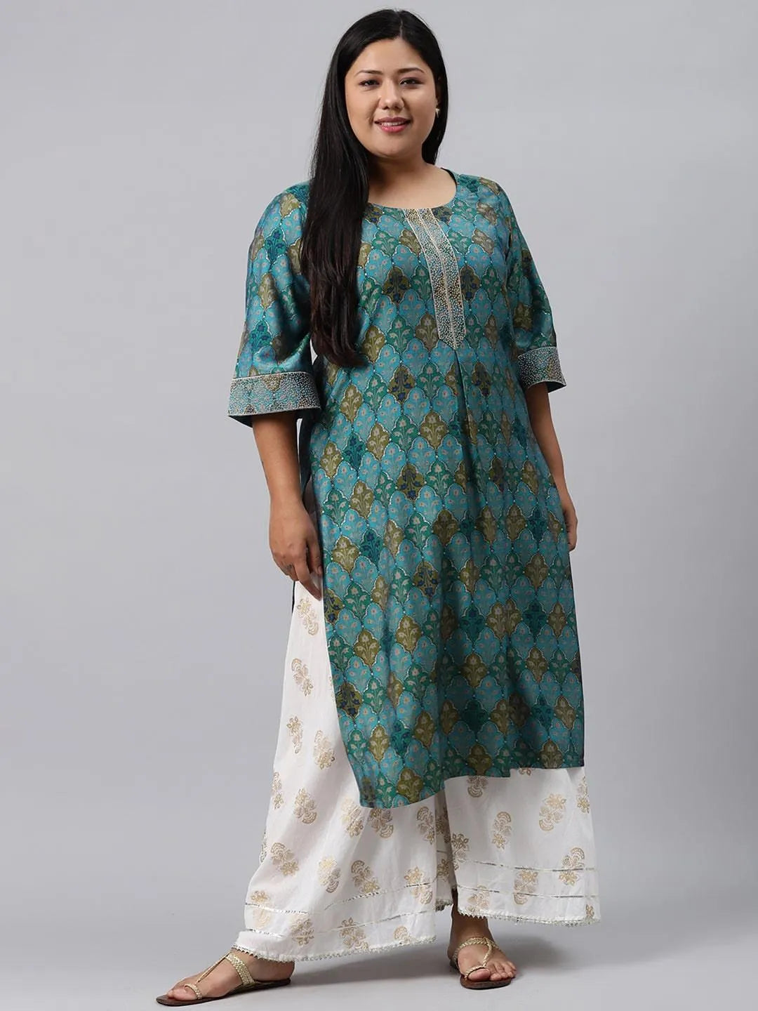 Plus Size Blue Printed Chanderi Silk Kurta - Libas 