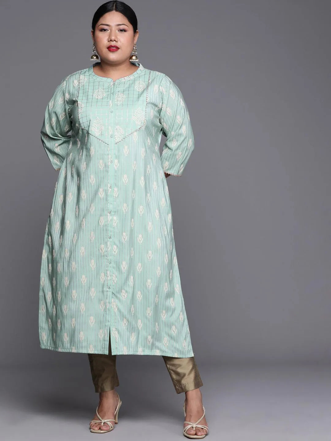 Plus Size Blue Printed Chanderi Silk Kurta - Libas