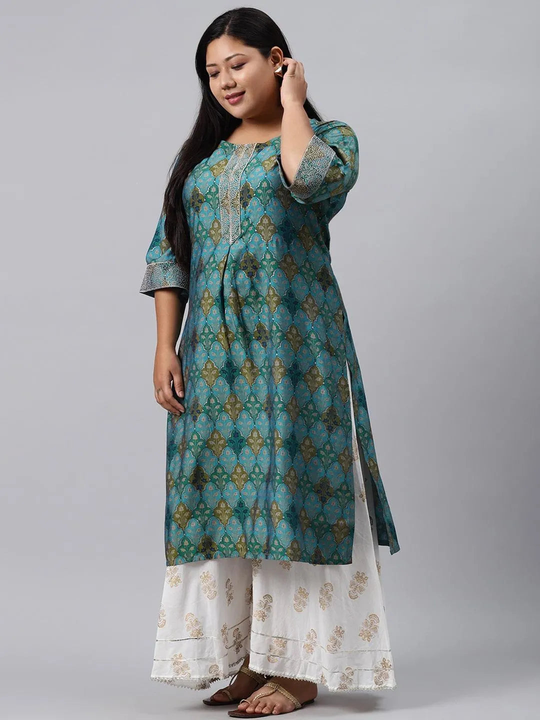 Plus Size Blue Printed Chanderi Silk Kurta - Libas