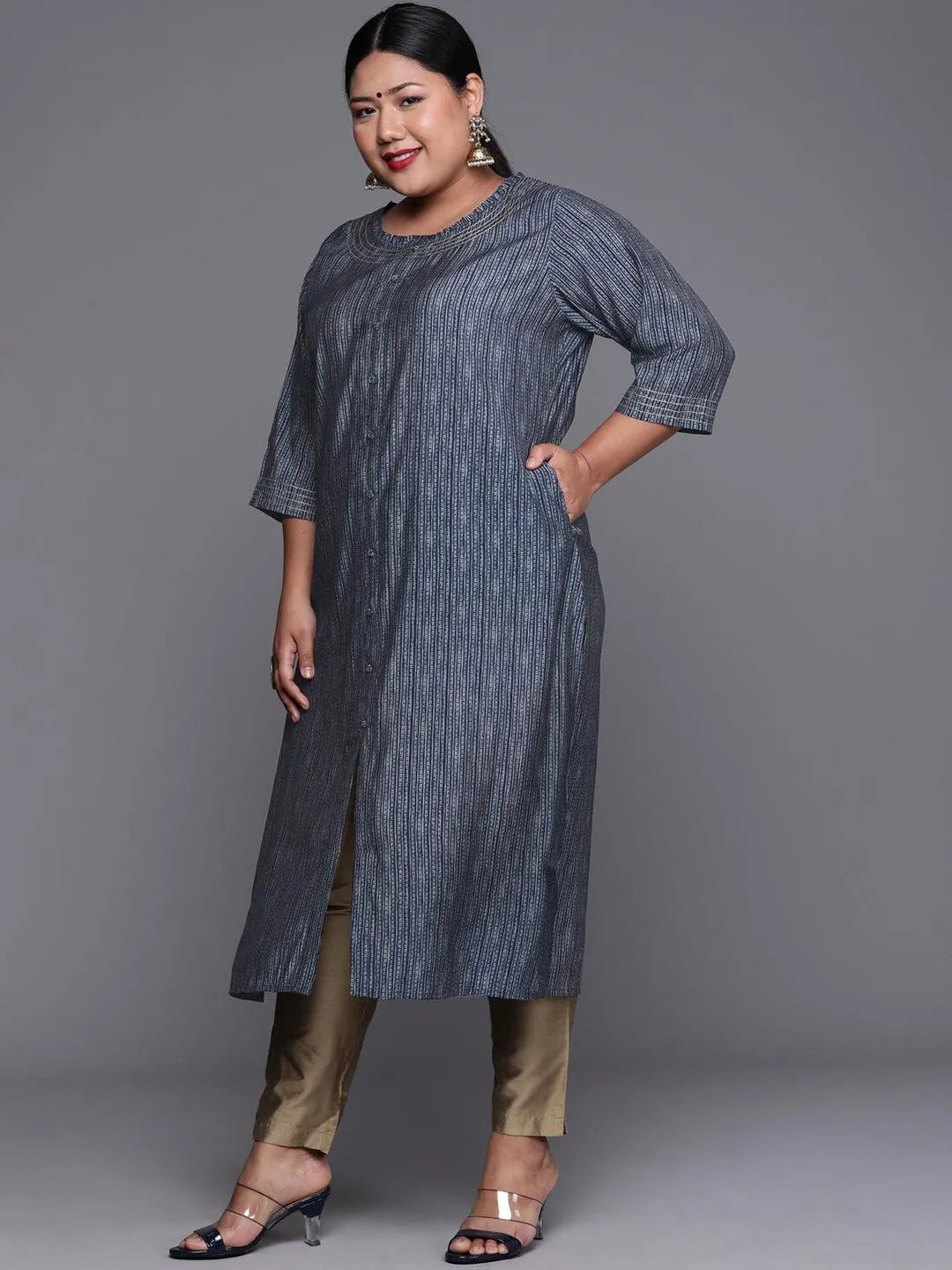 Plus Size Blue Printed Chanderi Silk Kurta - Libas