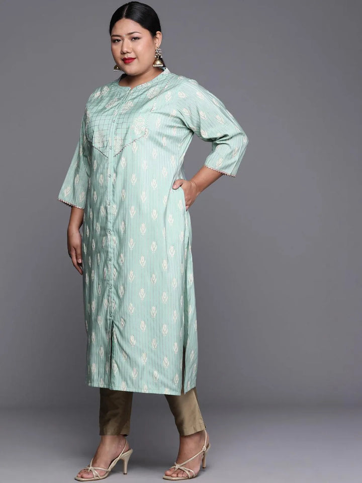 Plus Size Blue Printed Chanderi Silk Kurta - Libas