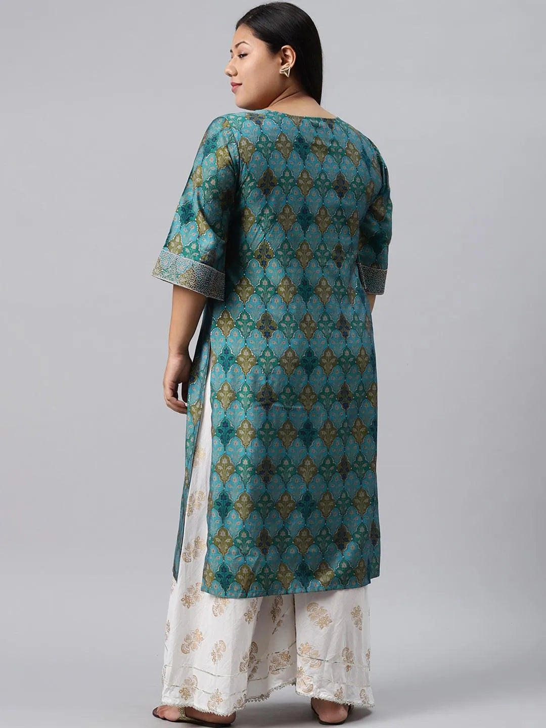 Plus Size Blue Printed Chanderi Silk Kurta - Libas 