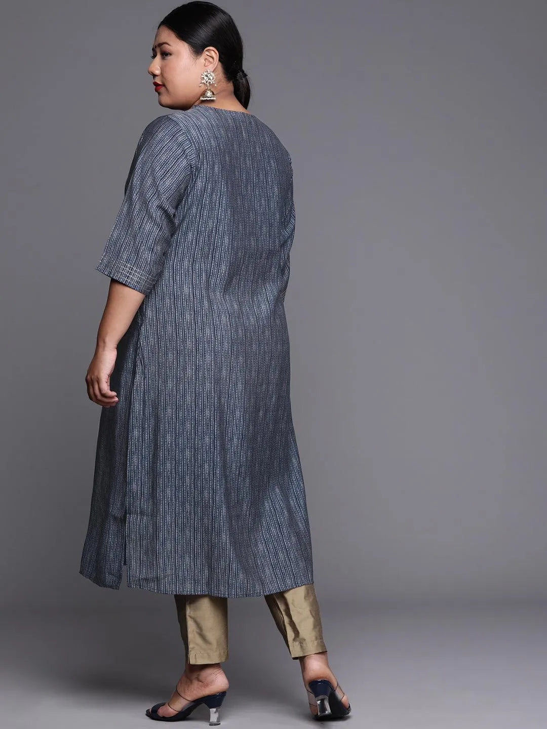 Plus Size Blue Printed Chanderi Silk Kurta - Libas