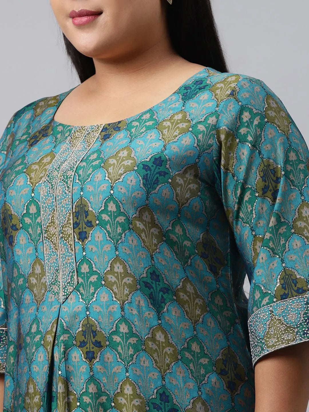 Plus Size Blue Printed Chanderi Silk Kurta - Libas 