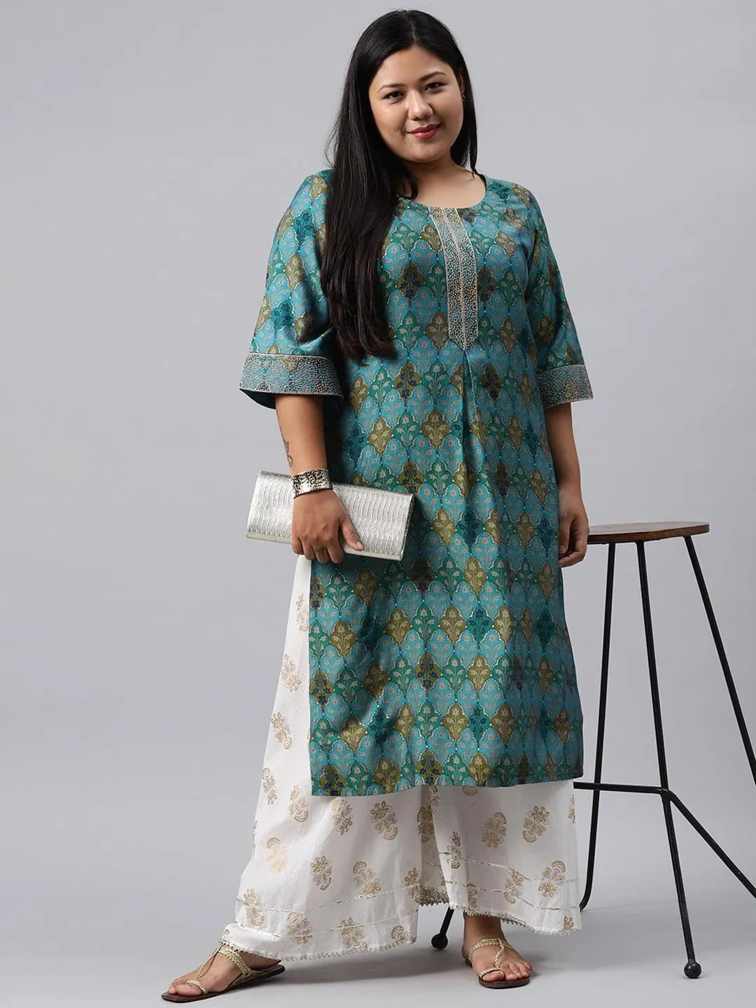 Plus Size Blue Printed Chanderi Silk Kurta - Libas