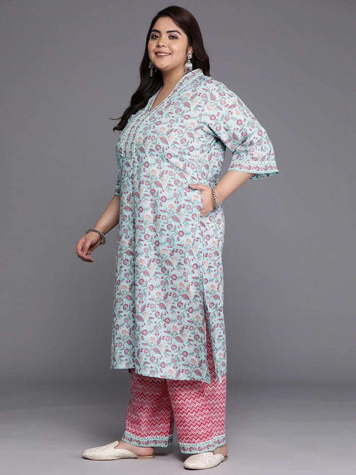 Plus Size Blue Printed Cotton A-Line Suit Set - Libas