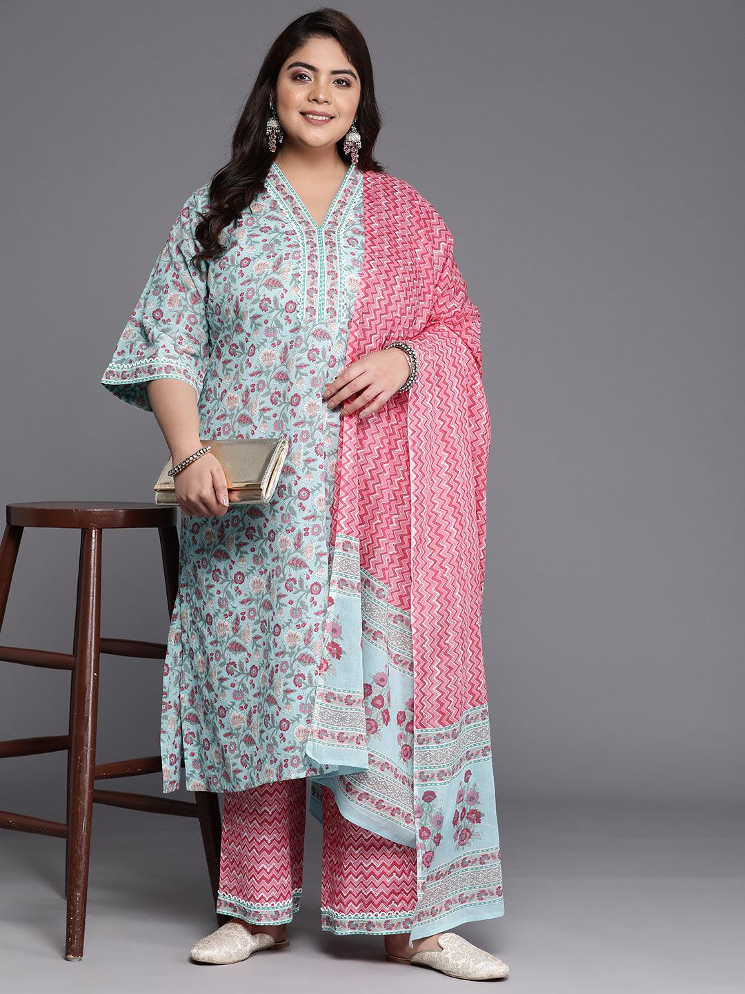 Plus Size Blue Printed Cotton A-Line Suit Set - Libas