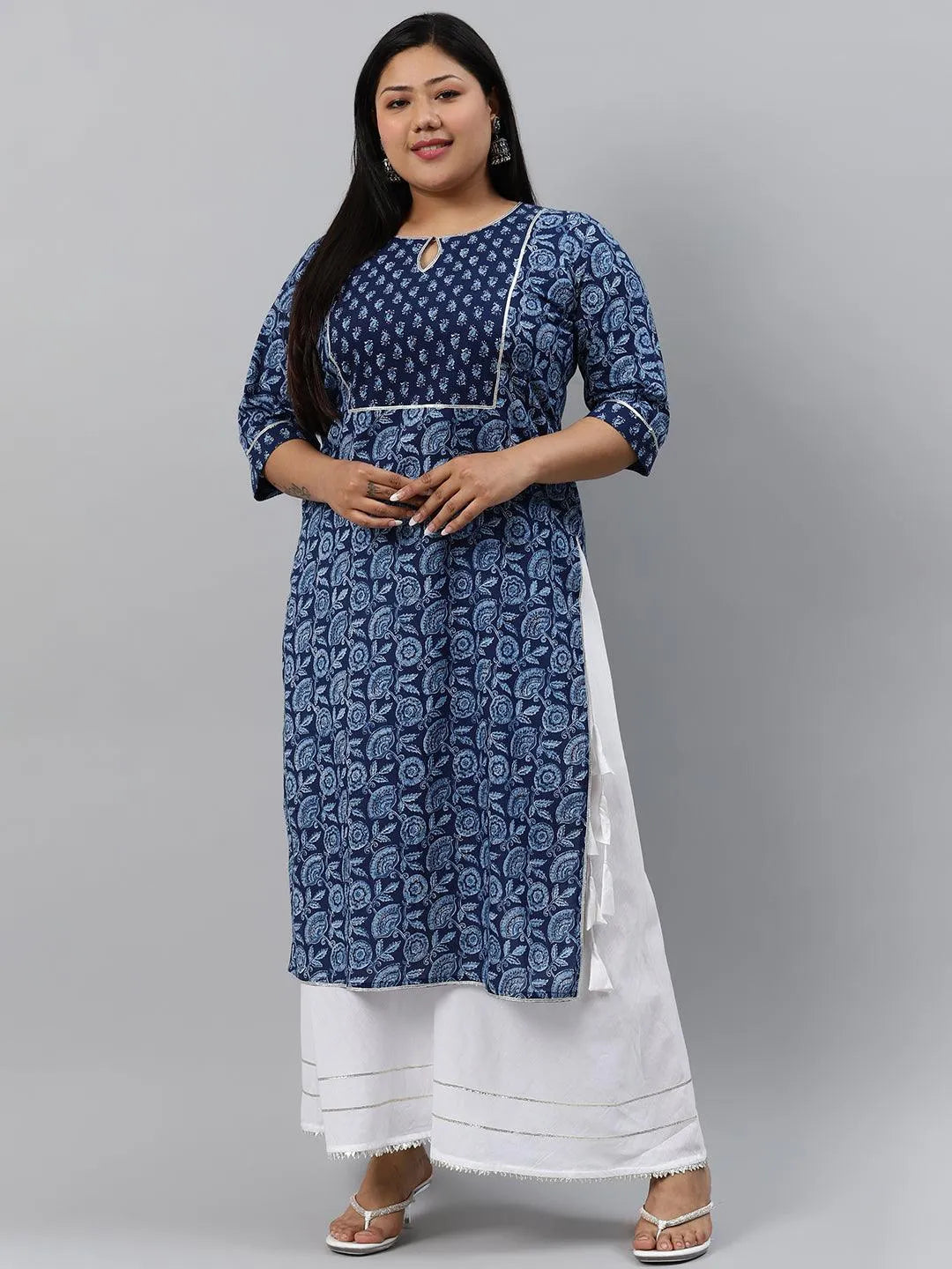 Plus Size Blue Printed Cotton Kurta - Libas