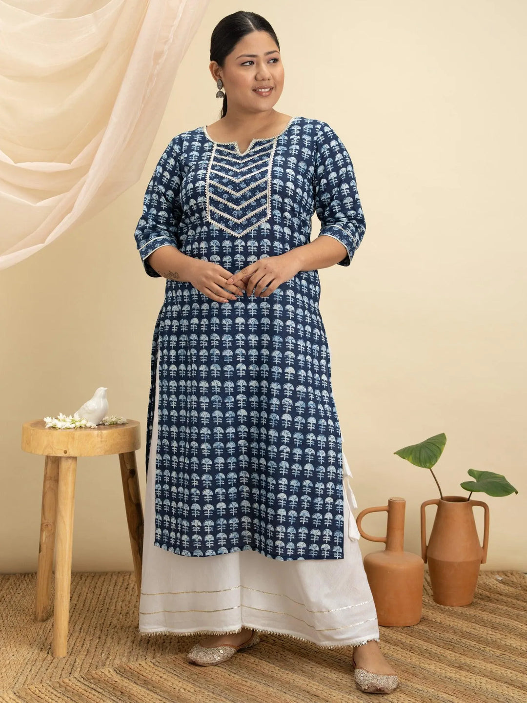 Plus Size Blue Printed Cotton Kurta - Libas