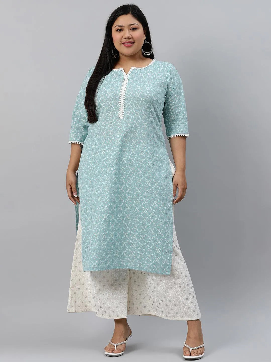 Plus Size Blue Printed Cotton Kurta - Libas