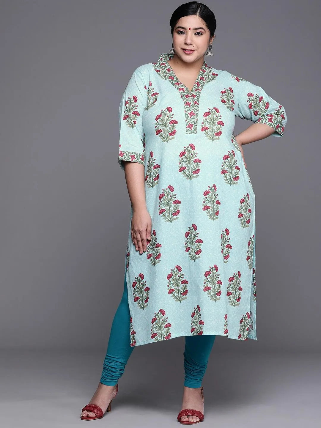 Plus Size Blue Printed Cotton Kurta - Libas 