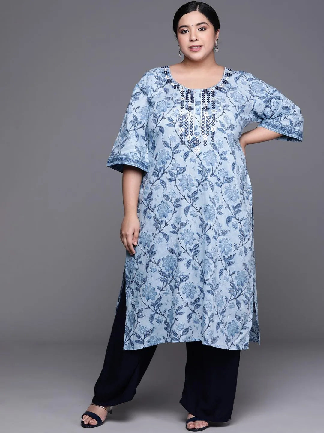 Plus Size Blue Printed Cotton Kurta - Libas