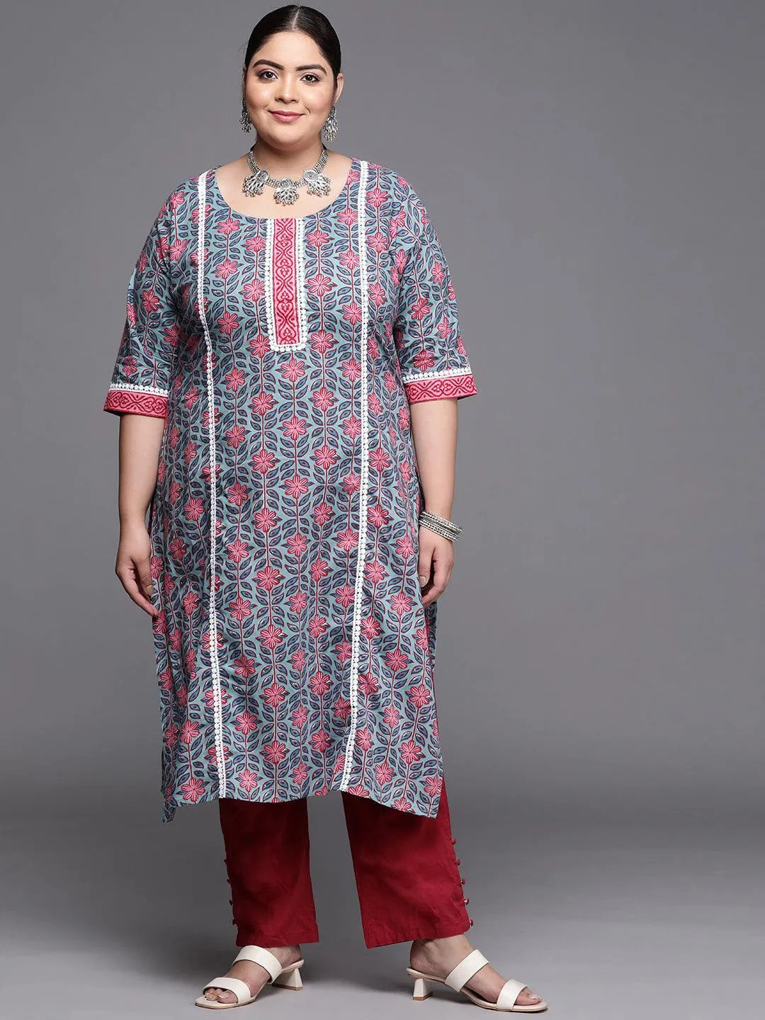 Plus Size Blue Printed Cotton Kurta - Libas 