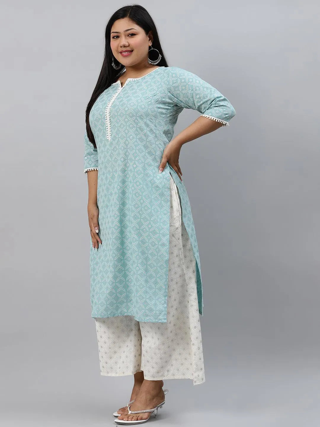 Plus Size Blue Printed Cotton Kurta - Libas