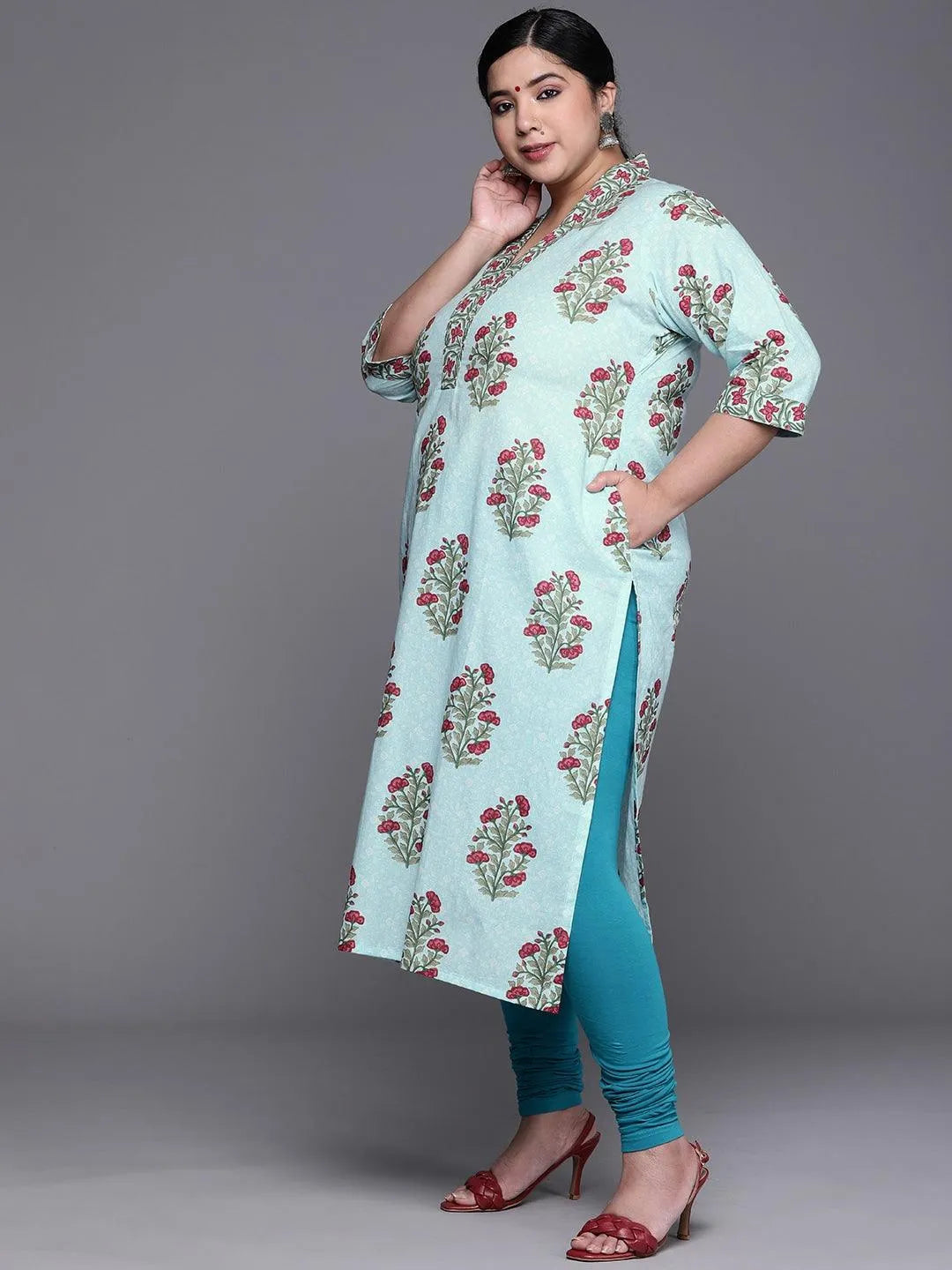 Plus Size Blue Printed Cotton Kurta - Libas 