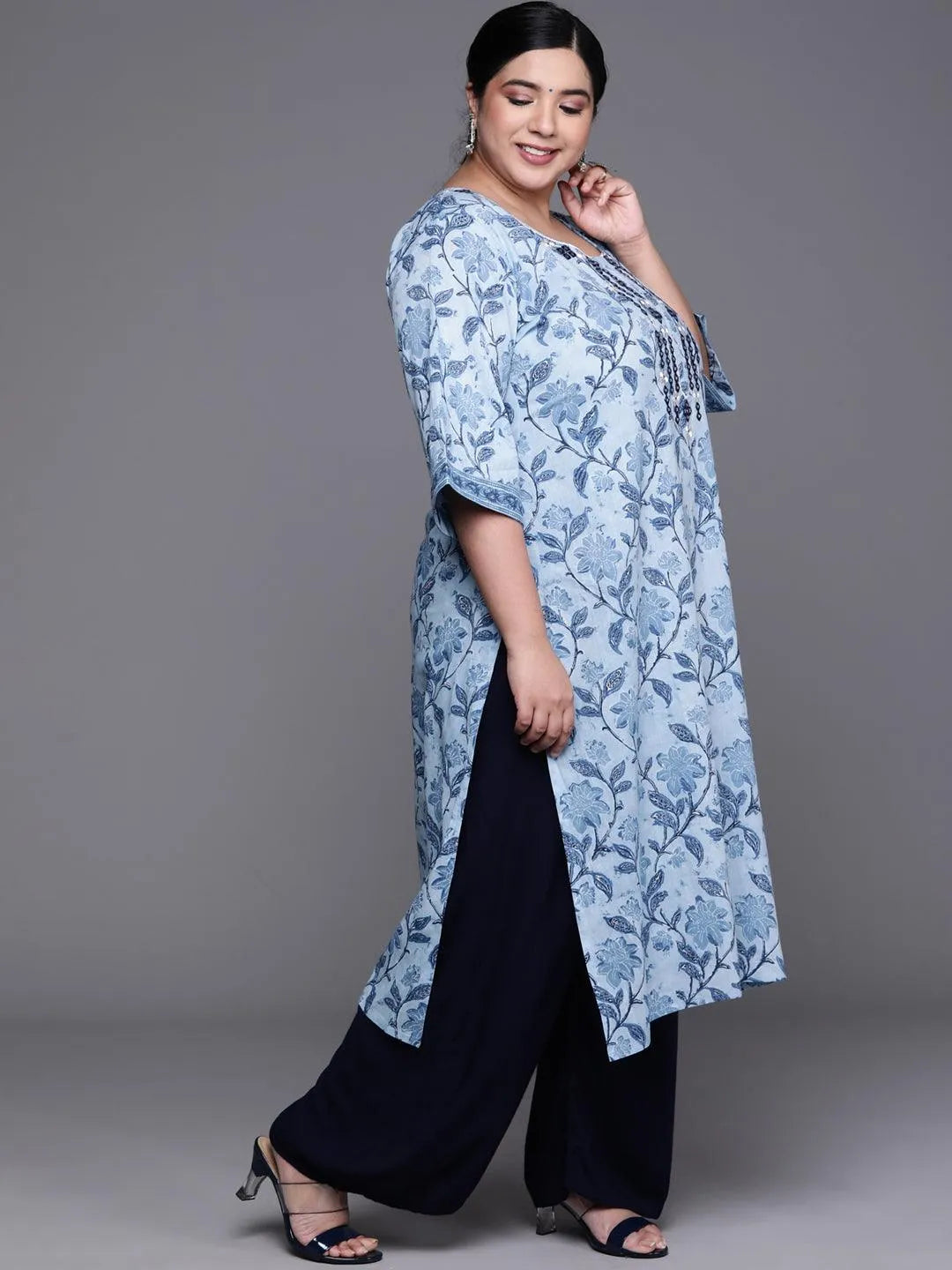 Plus Size Blue Printed Cotton Kurta - Libas 