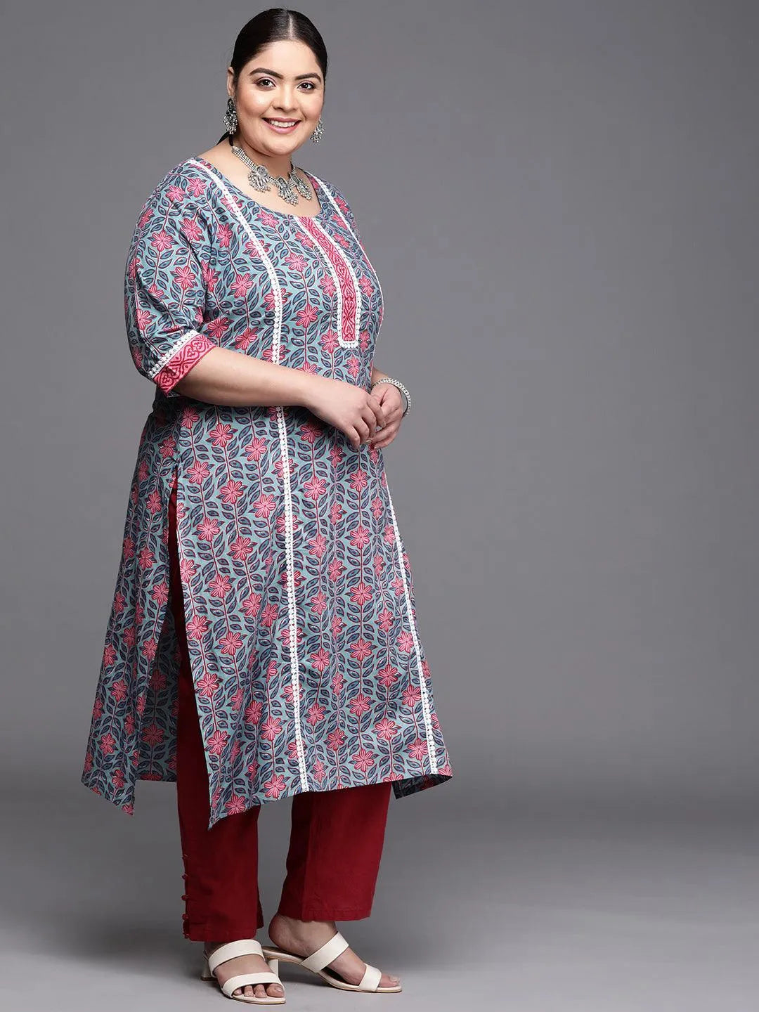 Plus Size Blue Printed Cotton Kurta - Libas 