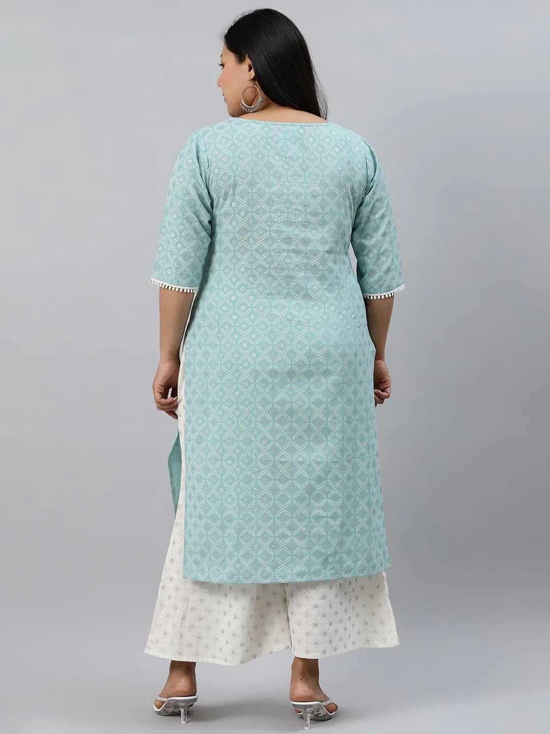 Plus Size Blue Printed Cotton Kurta - Libas