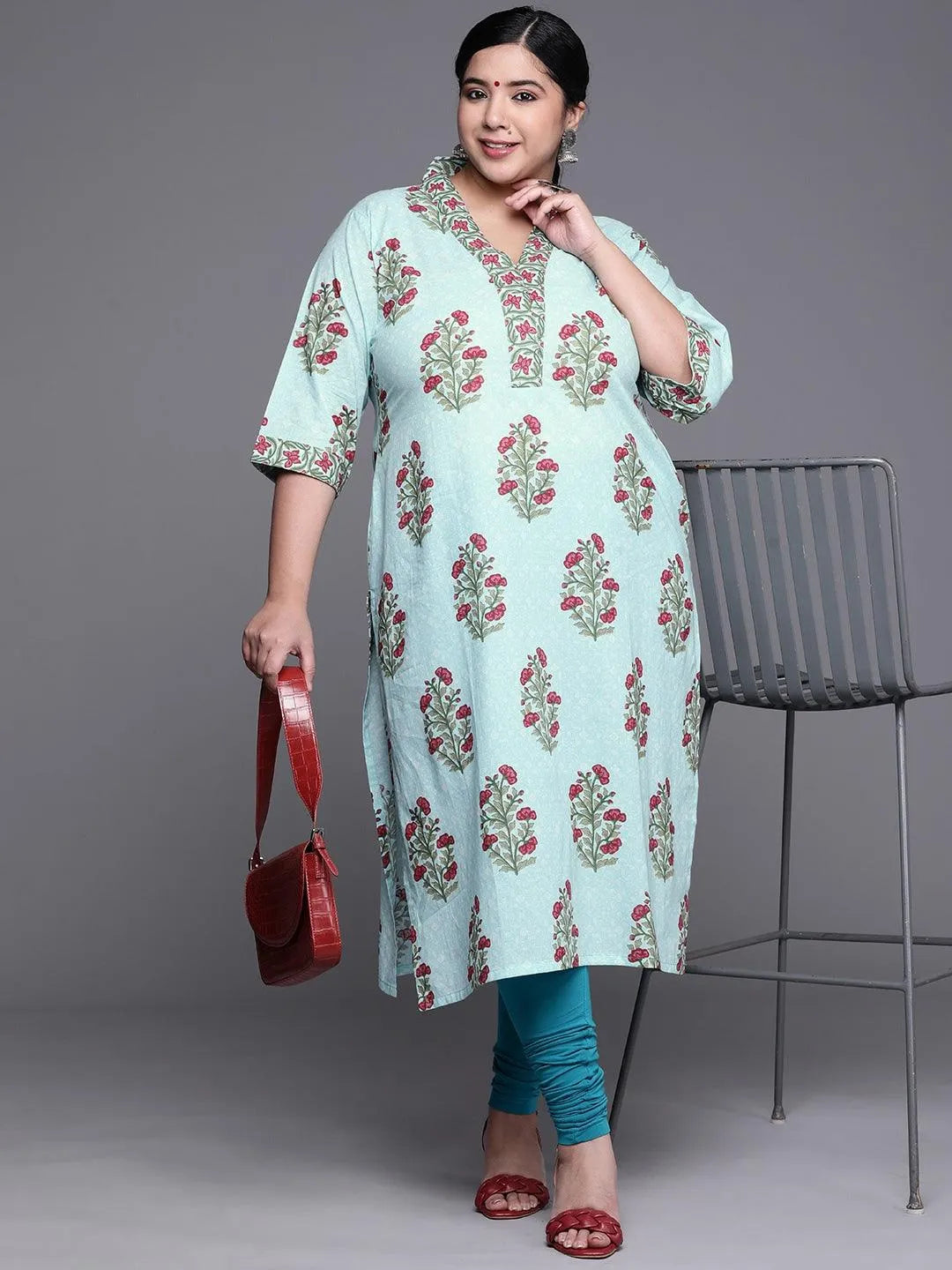 Plus Size Blue Printed Cotton Kurta - Libas 