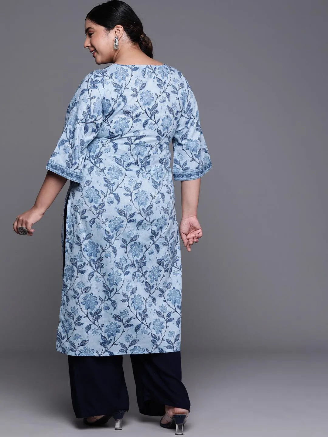 Plus Size Blue Printed Cotton Kurta - Libas 