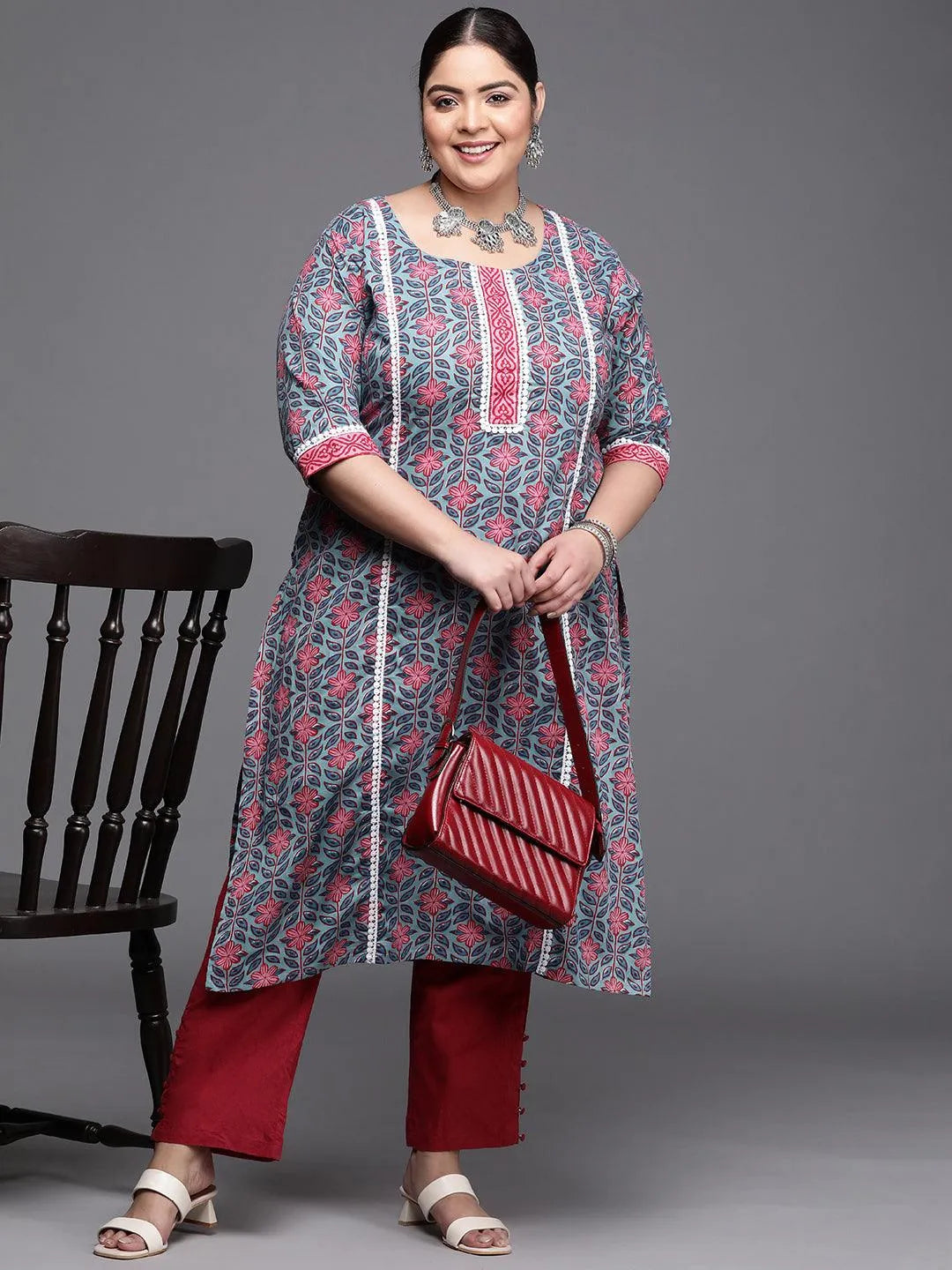 Plus Size Blue Printed Cotton Kurta - Libas 