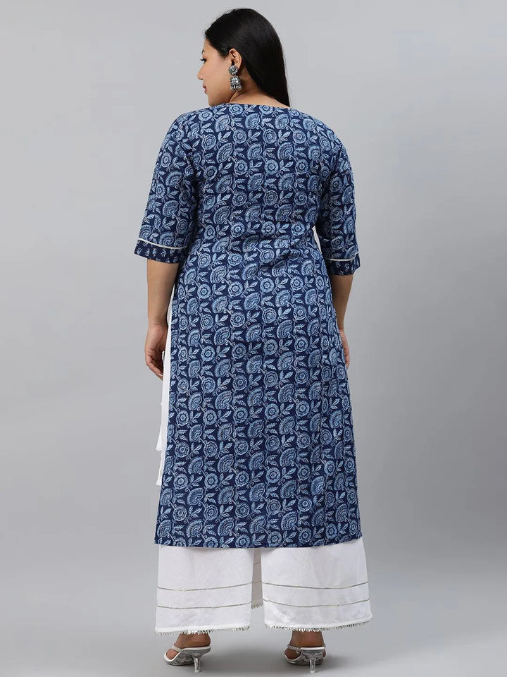 Plus Size Blue Printed Cotton Kurta - Libas