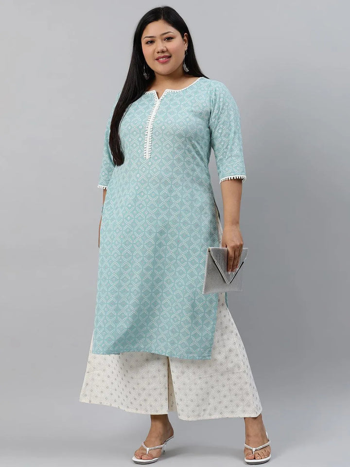 Plus Size Blue Printed Cotton Kurta - Libas