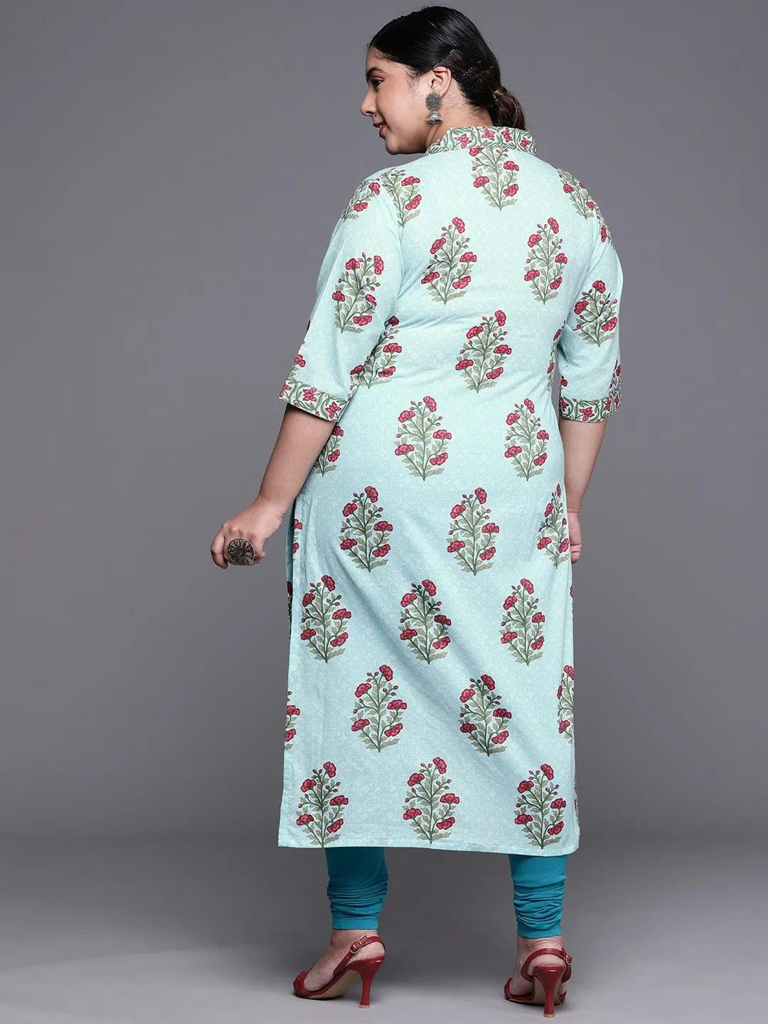 Plus Size Blue Printed Cotton Kurta - Libas 