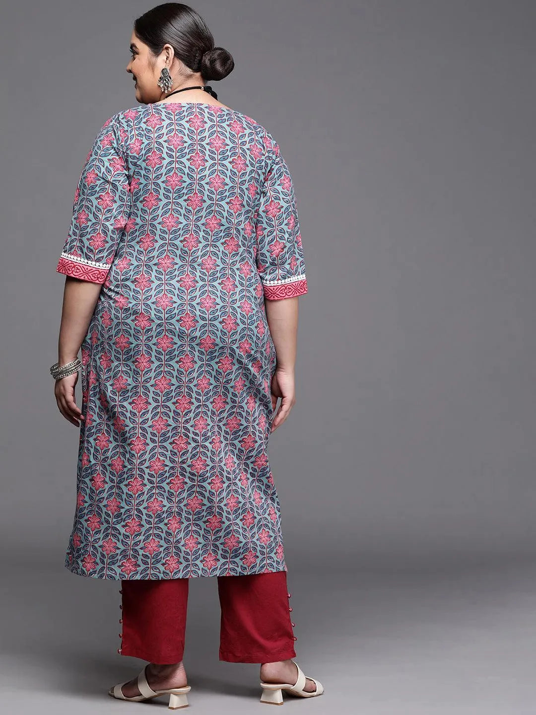 Plus Size Blue Printed Cotton Kurta - Libas 