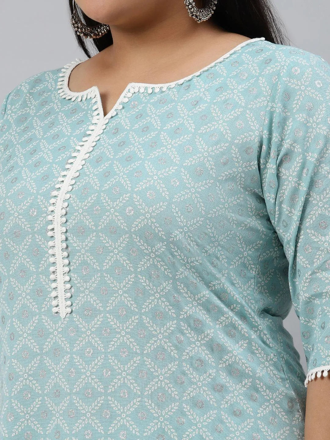 Plus Size Blue Printed Cotton Kurta - Libas