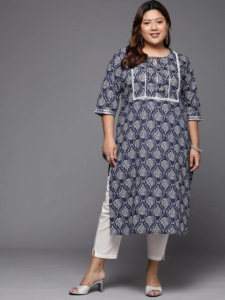 Plus Size Blue Printed Cotton Straight Kurta - Libas