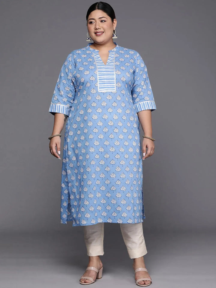 Plus Size Blue Printed Cotton Straight Kurta - Libas