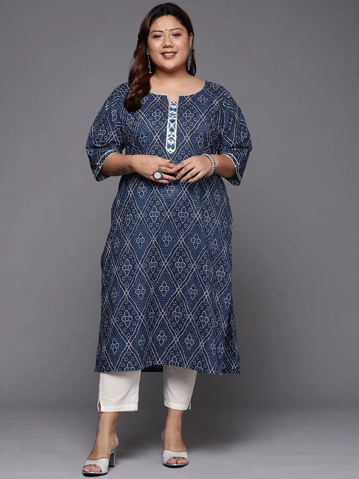 Plus Size Blue Printed Cotton Straight Kurta - Libas