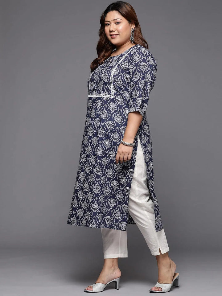 Plus Size Blue Printed Cotton Straight Kurta - Libas