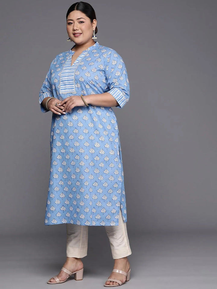 Plus Size Blue Printed Cotton Straight Kurta - Libas