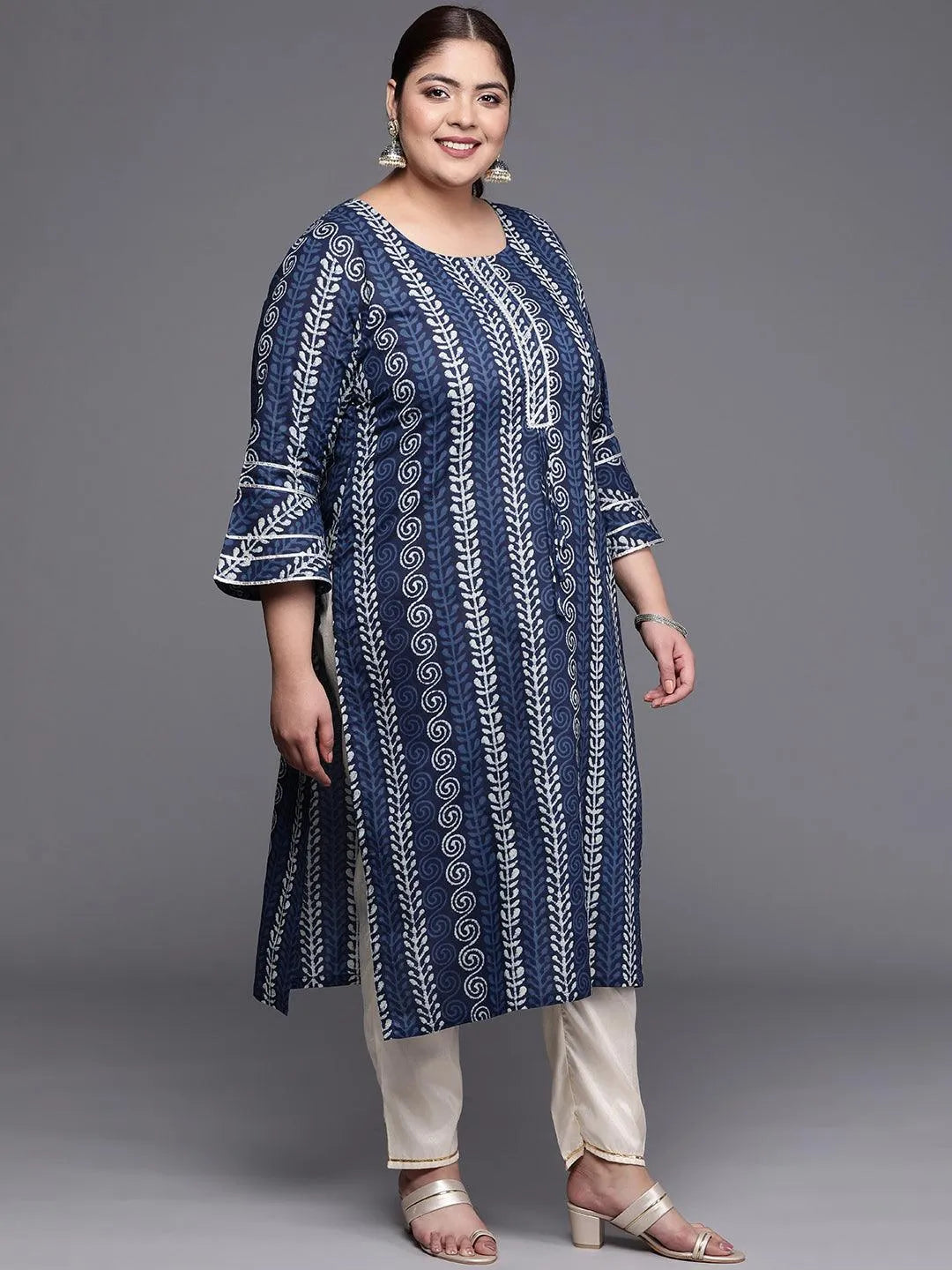 Plus Size Blue Printed Cotton Straight Kurta - Libas 