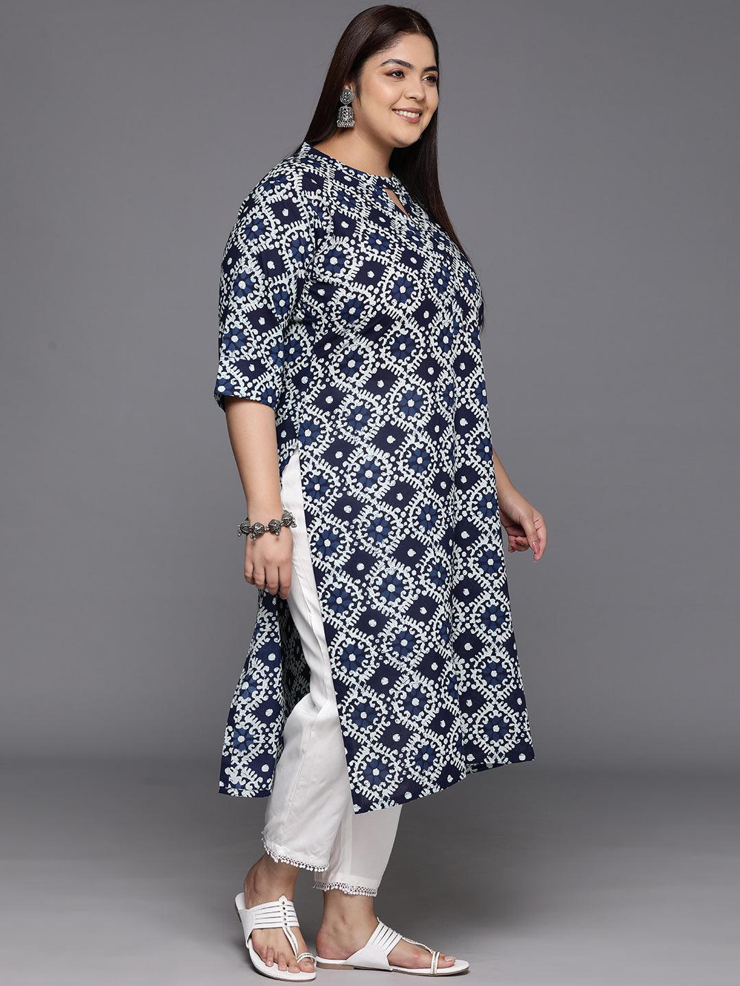 Plus Size Blue Printed Cotton Straight Kurta - Libas 