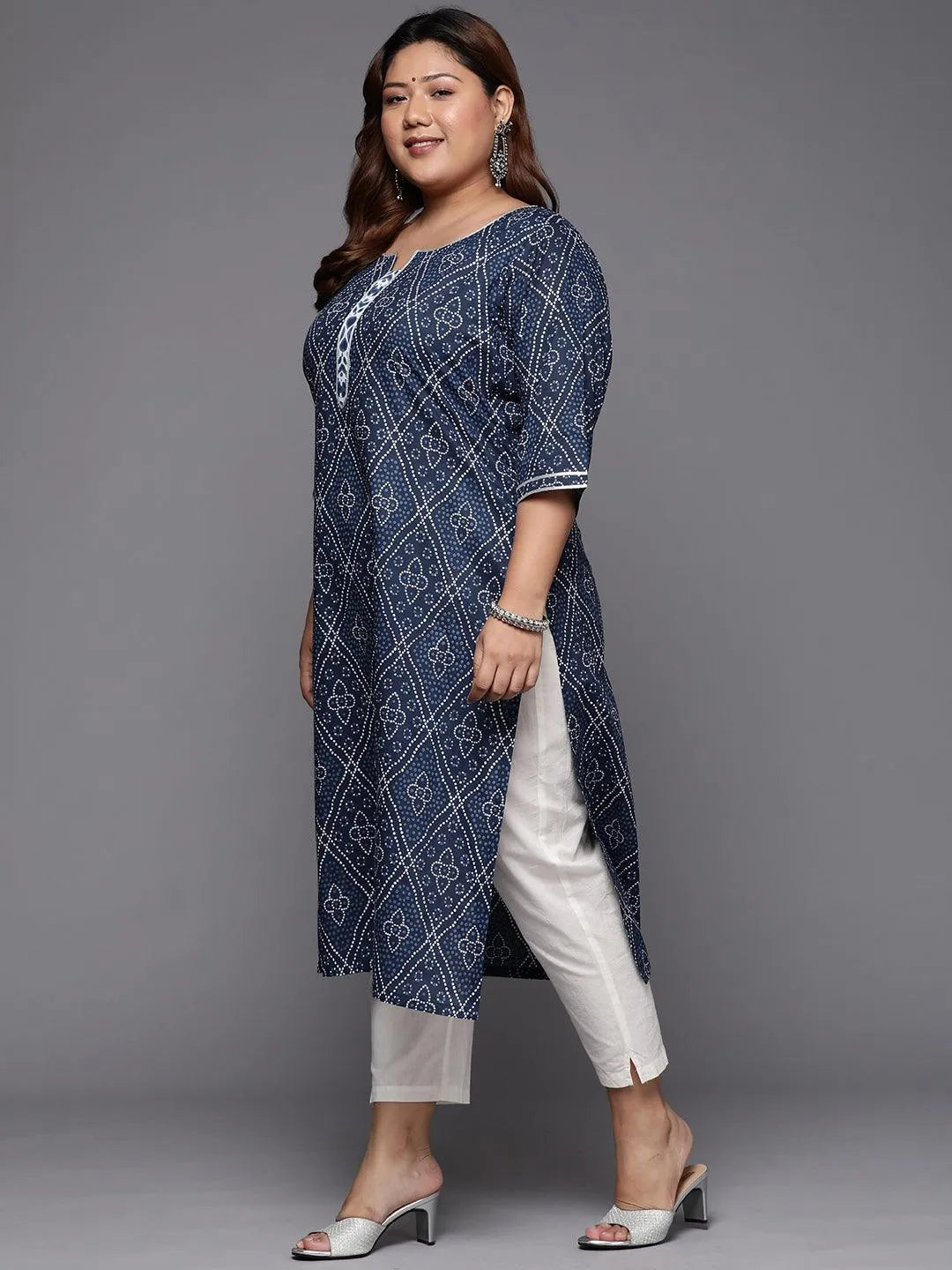 Plus Size Blue Printed Cotton Straight Kurta - Libas