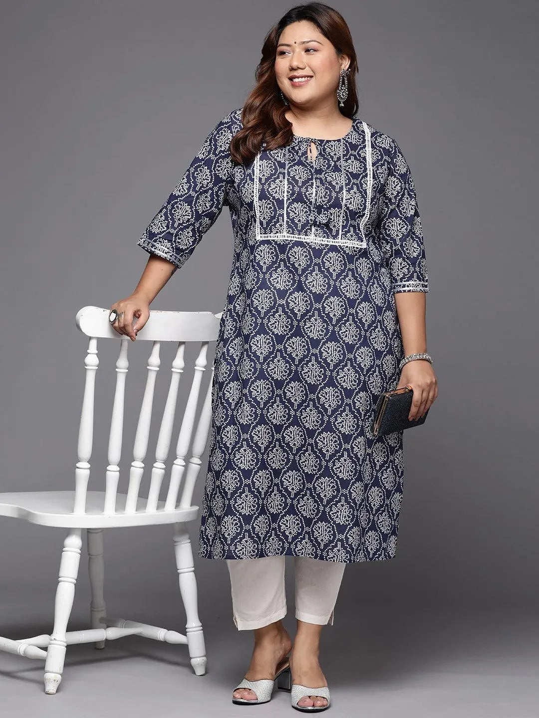 Plus Size Blue Printed Cotton Straight Kurta - Libas