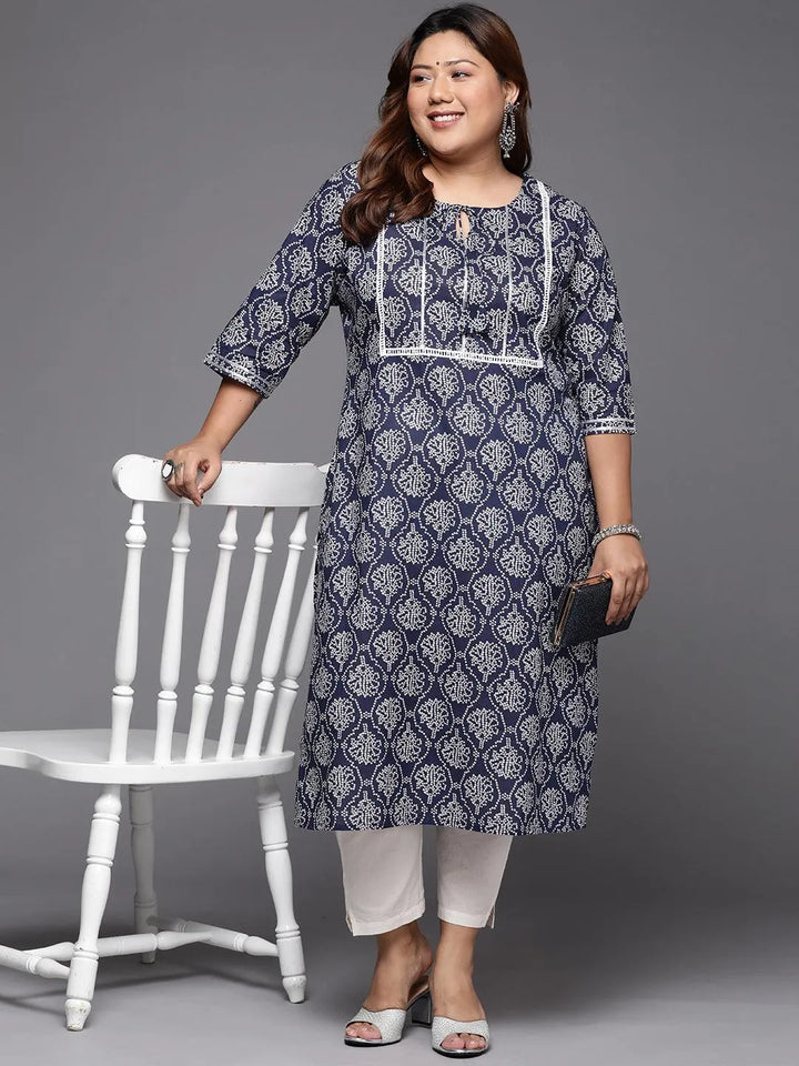 Plus Size Blue Printed Cotton Straight Kurta - Libas