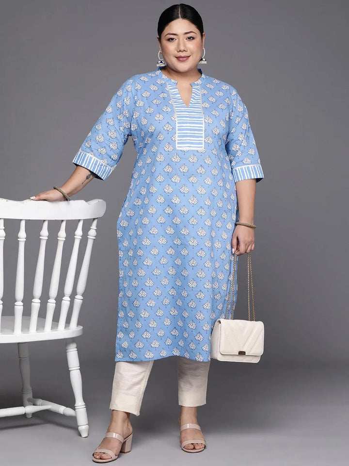 Plus Size Blue Printed Cotton Straight Kurta - Libas